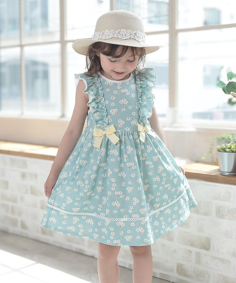 美品★シモネッタ★肩フリルワンピース120 セール】 肩フリルストライプワンピース（グリーン/ラベンダー
